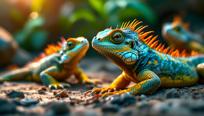 Fototapeta premium Vibrant Iguana Trio in Tropical Setting Wildlife Photography