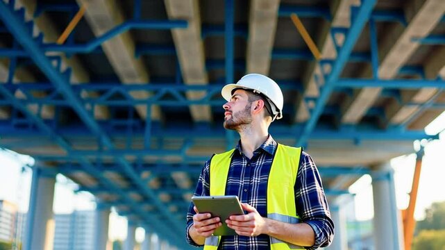 A construction worker with a tablet inspects an under-construction area.