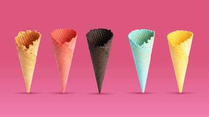 Image of ice cream cones arranged in a row, colored brown or red.
Dark browns, blues, and yellows laid on a pink background.