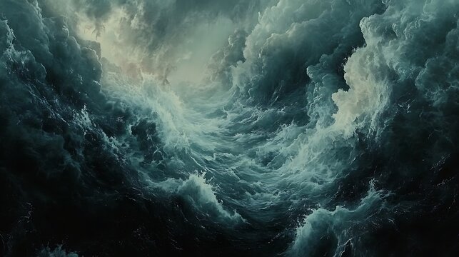A stormy ocean with dark, turbulent waves beneath a sky filled with swirling clouds