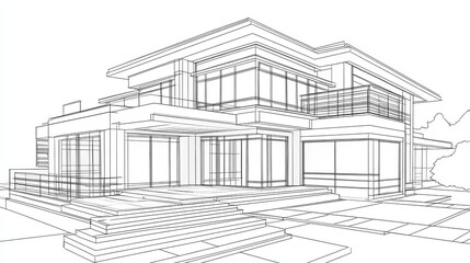 Fototapeta premium A 3D architectural sketch of a modern house with multiple levels and large windows.