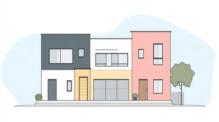 A minimalist illustration of a modern residential building with colorful facades.