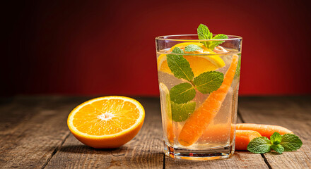 Glass of water with orange, carrot and mint leaves, on a rustic wooden table