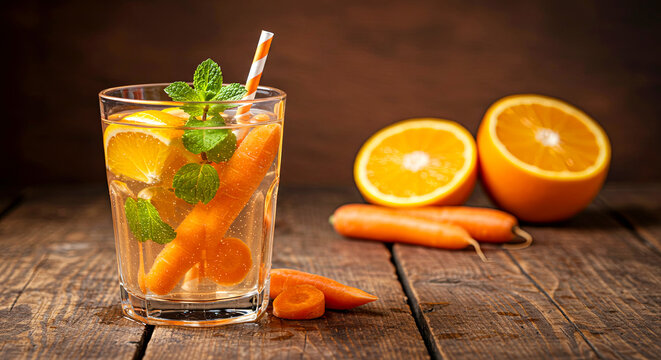 Glass of water with orange, carrot and mint leaves, on a rustic wooden table - Powered by Adobe