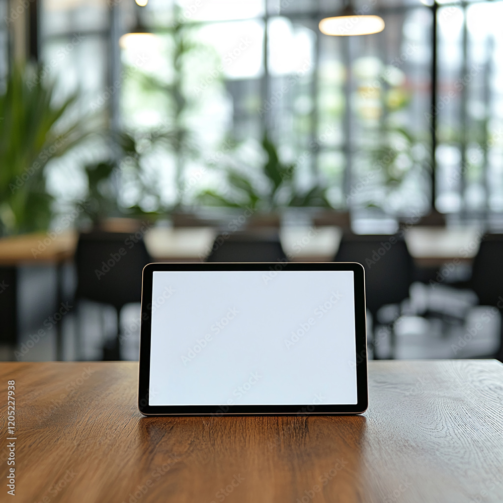 Poster blank tablet with a white screen in a modern office setting, perfect for a digital display or mockup