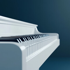 close-up of a white piano with sleek, elegant lines, showcasing its keys and side profile. The deep blue background adds a sense of sophistication and focus to the instrument's modern design