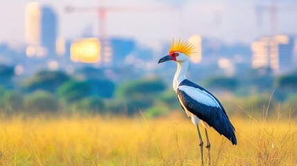 A Bird's Eye View of Progress: A majestic crowned crane stands tall against a backdrop of a bustling cityscape, its vibrant plumage a stark contrast to the industrial skyline.