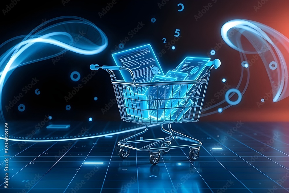 Poster a shopping cart full of digital documents. automated invoice and receipt management concept.