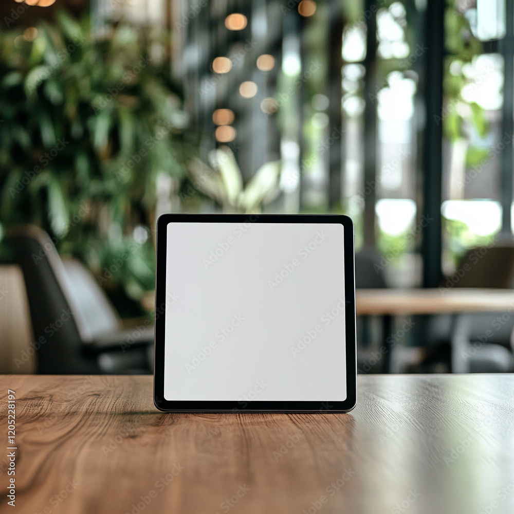 Poster blank tablet screen in a modern office space with plants and a clean wooden table for a mockup or di