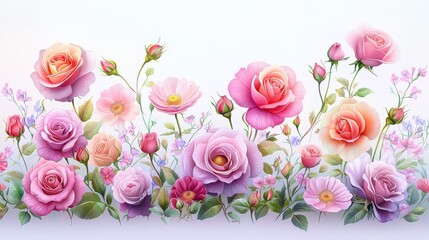 Charming Juliet rose field painting in naive art style, highlighting delicate blooms and a radiant landscape brimming with life. High-resolution.