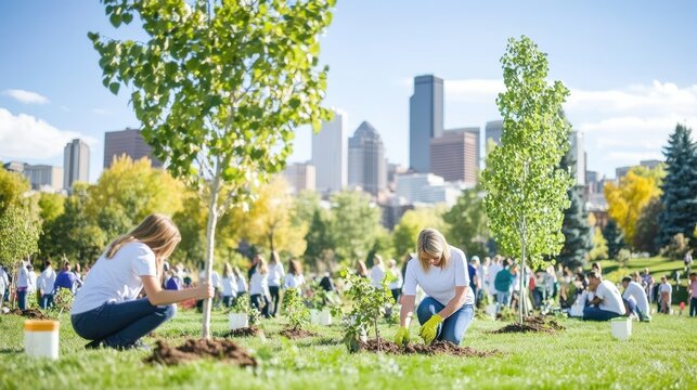 Urban Reforestation: Volunteers work together, planting young trees in a city park, with a modern cityscape as a stunning backdrop.