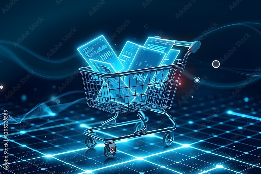 Poster A shopping cart full of digital documents. automated invoice and receipt management concept.
