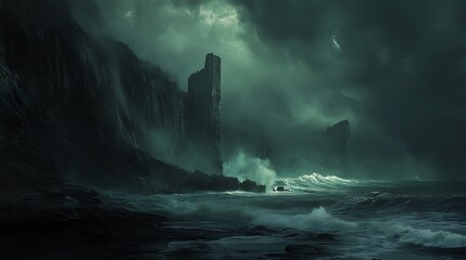 A dark sea under a stormy sky, the waves crashing against a rocky shore with a sense of impending danger
