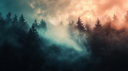 Fototapeta premium Mystical forest scene with fog and a vibrant sunset.