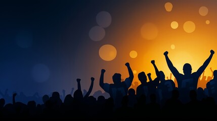 Fototapeta premium A vibrant crowd of enthusiastic sports fans with raised hands and silhouettes cheering in a stadium under dramatic golden and blue lighting