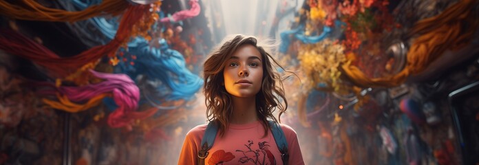 A young woman stands amidst colorful decorations in an urban environment, invoking creativity.