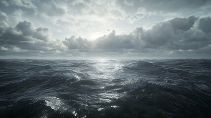 A vast ocean under a dramatic sky, the horizon obscured by heavy clouds and the sea churning below
