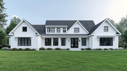 A modern white farmhouse with a landscaped yard and a welcoming facade.