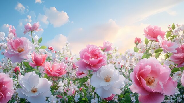 Naive art depiction of a Beatrice rose field, showcasing vibrant pink and white blossoms under a golden sunset. A serene and enchanting landscape. High-resolution.