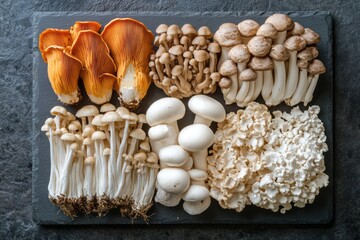 Exotic Mushrooms Display - A variety of unique mushrooms like shiitake, oyster, and enoki artistically presented on a slate board.