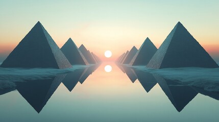 Pyramids reflect on calm water under a gradient sunset sky in a surreal scene