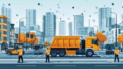 Public service workers utilizing automated systems to manage waste, traffic, and water distribution in a connected city.