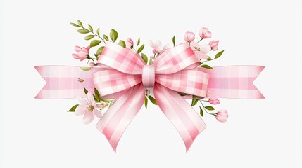 Fototapeta premium Vector clipart of a pink checkered ribbon bow, styled in a coquette fashion on a white background. High-resolution focusing on the precise checkered pattern and gentle curves.