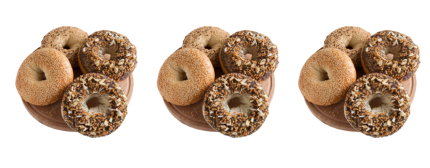 Three fresh bagels topped with cream cheese, smoked salmon, and dill, arranged in a visually appealing composition, isolated on a transparent background
