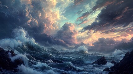 A stormy ocean under a dramatic cloudy sky, with waves crashing against jagged rocks in a powerful display of nature's fury