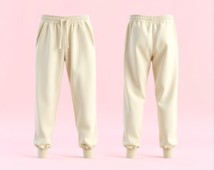 Blank Beige Sweatpants Mockup Highlighting Soft Fabric Folds on Pastel Gradient Background – 3D look.