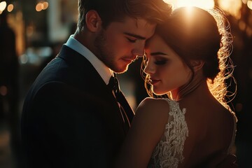 A groom holding his bride tenderly at their wedding, surrounded by soft light and an elegant outdoor setting