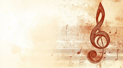 A musical design featuring a treble clef and sheet music in warm tones.