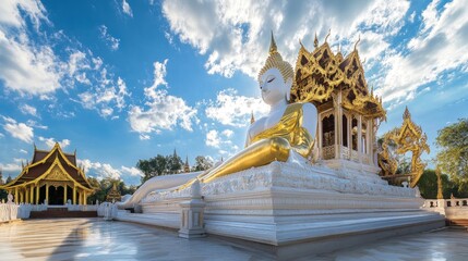 Nirvana white marble reclining Buddha, beautiful sky background.