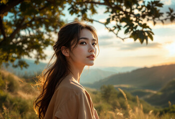 Golden Hour Wanderer: A Photorealistic Portrait of a Chinese Female Model in Nature