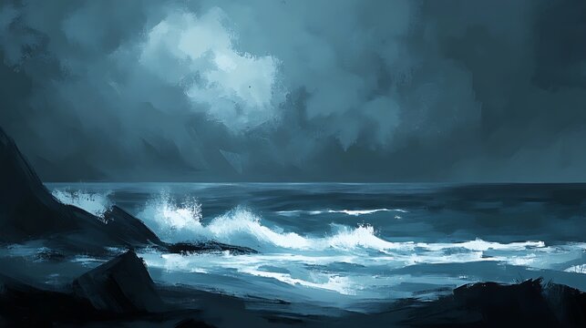 A dark sea under a stormy sky, with waves crashing against a rocky shore in a powerful display of nature's fury