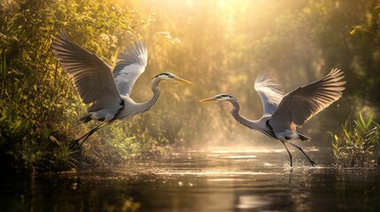 Two herons taking flight in a lush forest