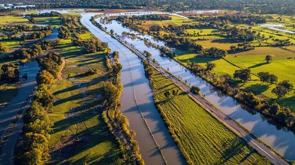 Aerial view flooded canal, rural road, sunset, farmland