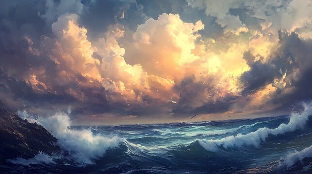 A vast ocean under a dramatic cloudy sky, the waves crashing against a rugged coastline in a powerful display of nature's fury - Powered by Adobe