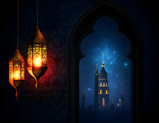 Fototapeta premium Ramadan Night: Mosque Silhouette under Starlit Sky Viewed through Ornate Archway with Hanging Lanterns