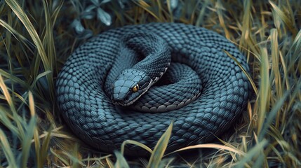 Obraz premium Dark snake coiled in green grass.