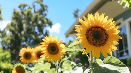 Obraz premium A vibrant field of sunflowers under a clear blue sky, showcasing nature's beauty.
