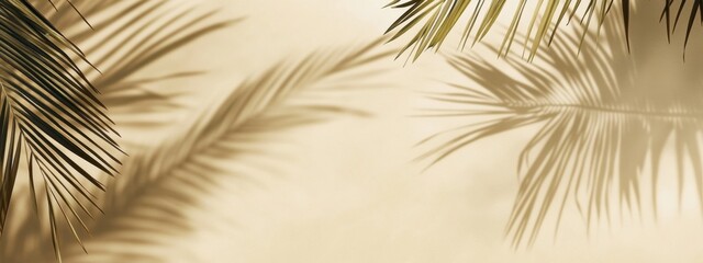 Fototapeta premium Soft shadows of palm leaves cast on a textured beige background creating a serene and tropical ambiance