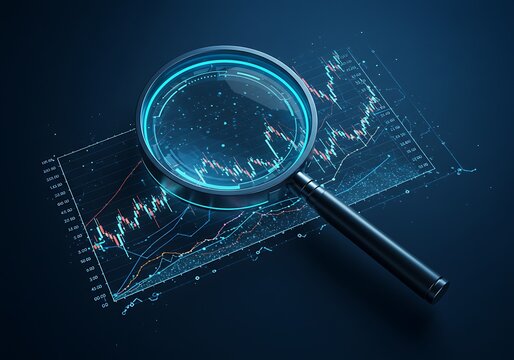 Magnifying glass search of investing and stock market over a graph chart background