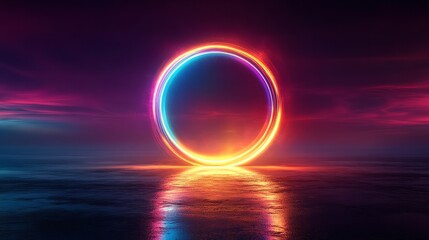 Obraz premium Abstract 3D circle glowing in vibrant hues on a sleek black backdrop 