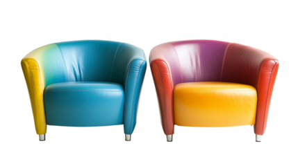 Contemporary leather chairs in vibrant colors, isolated on transparent background 