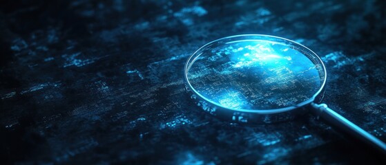Magnifying glass over glowing digital data.
