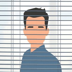 Man's face seen through blinds.