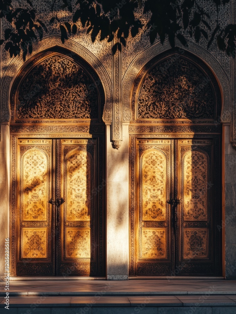 Poster elegant wooden doors with intricate carvings illuminated by warm sunlight in a historic architecture