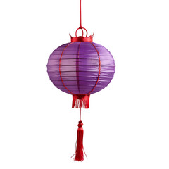 Obraz premium A purple Chinese lantern, adorned with a red string, floating on a white canvas. 