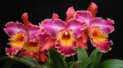 Fototapeta premium Three vibrant pink and orange Cattleya orchids with ruffled petals against a black background.